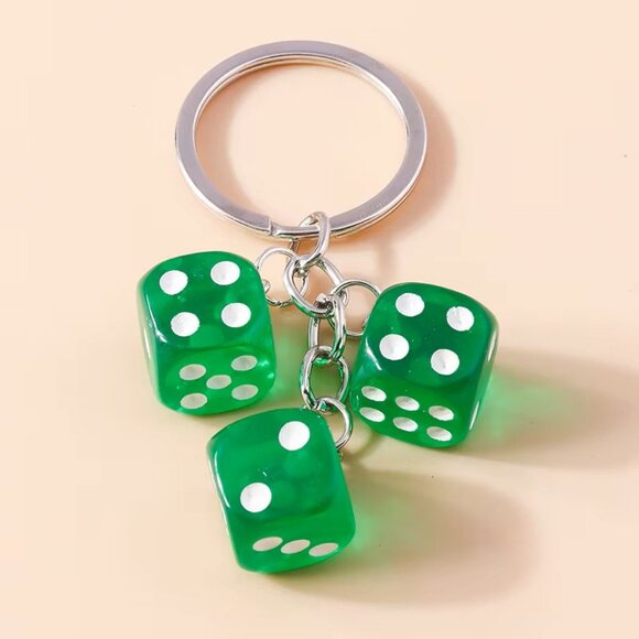 Green Lucky Dice Keychain with 3 Dice Charms Fun Novelty Gift for Gamers & Cars - Picture 2 of 2